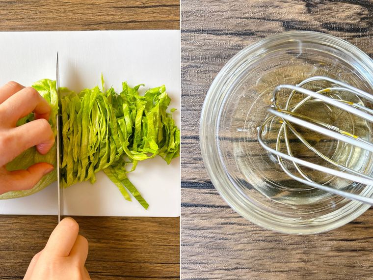 レタスを細切りにしてドレッシングを作る様子