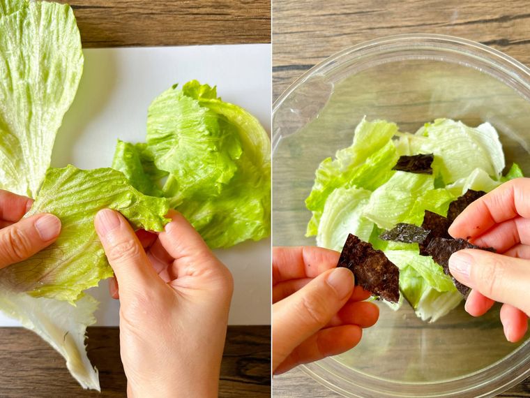 レタスと焼き海苔を千切る様子