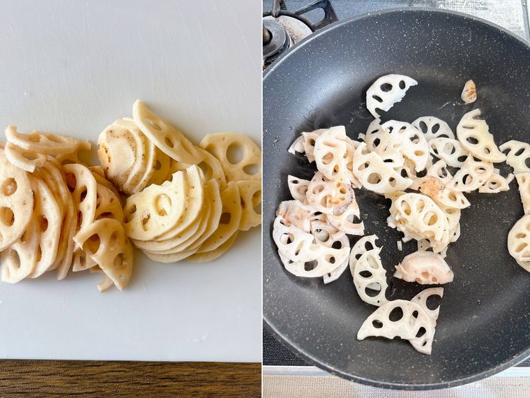 薄切りにした冷凍れんこんをフライパンで炒める様子