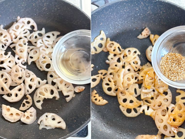 フライパンで調味料と白いりごまを加える様子