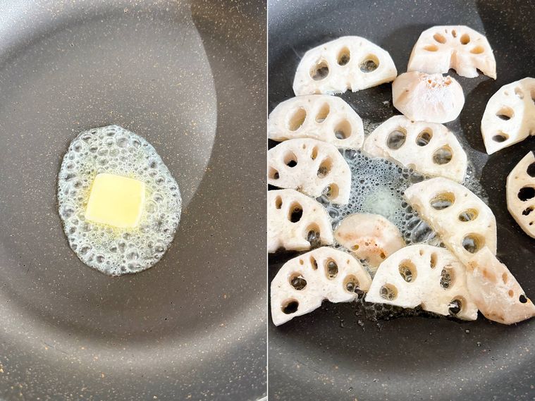フライパンにバターを溶かしれんこんを焼く様子