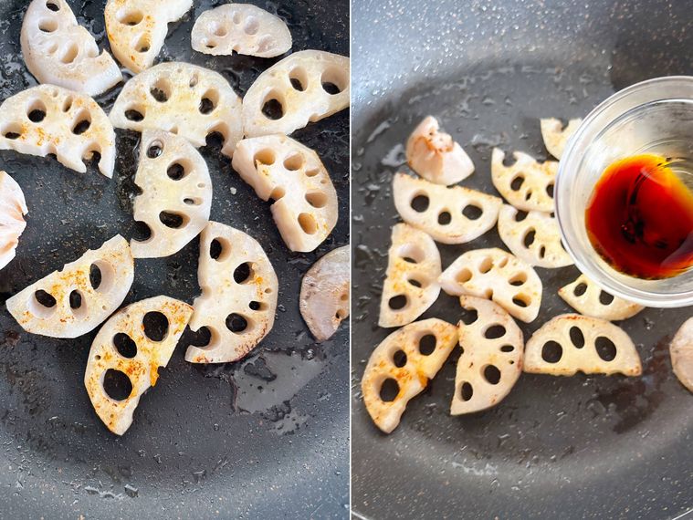 香ばしく焼いたれんこんにしょうゆをまわしかける様子