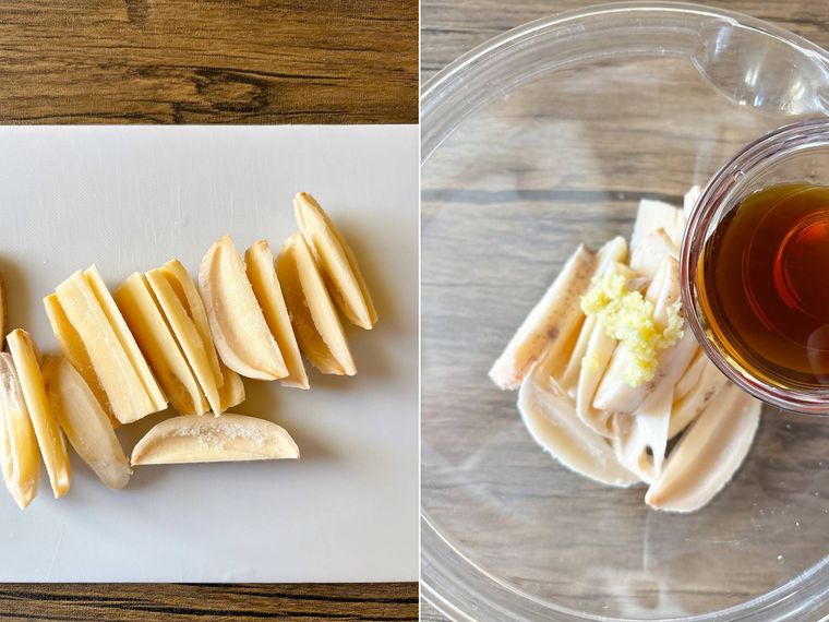 れんこんを棒状にカットし、しょうがとめんつゆを混ぜる様子