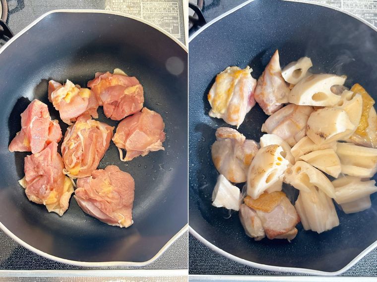 鍋で鶏もも肉とれんこんを炒める様子