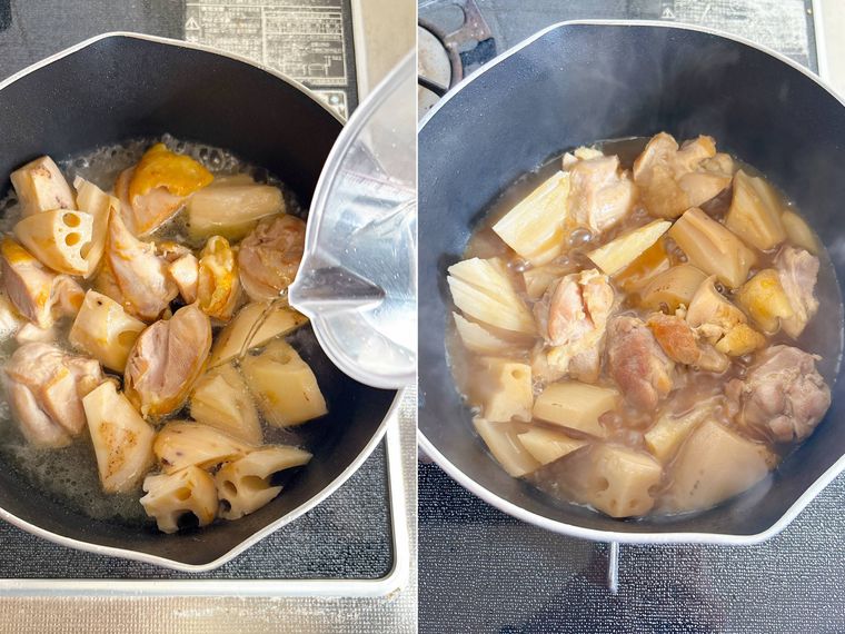 鶏もも肉とれんこんを煮込む様子