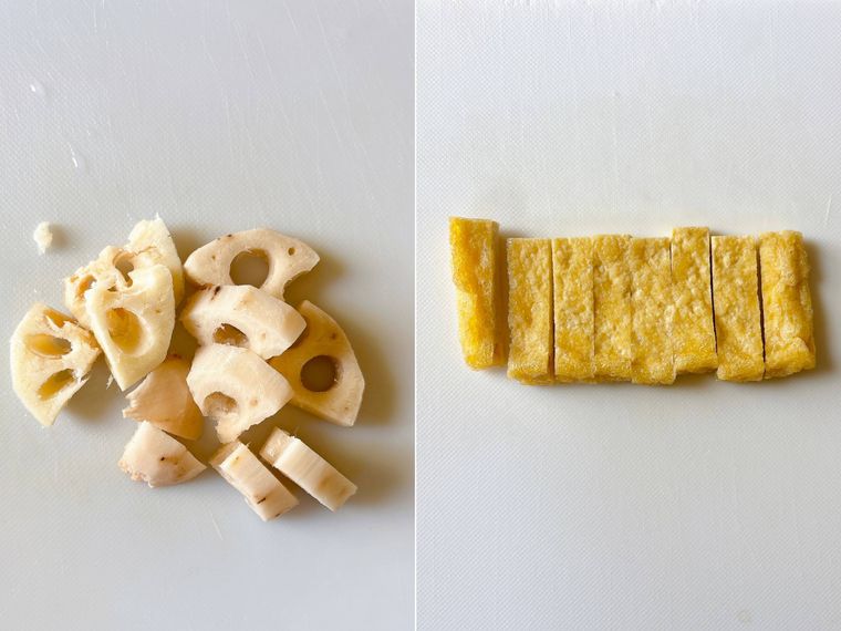 いちょう切りにしたれんこんと短冊切りの油揚げ