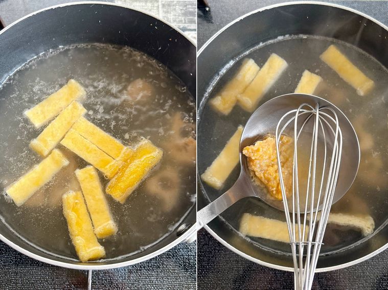 れんこんと油揚げを煮て、みそを溶く様子
