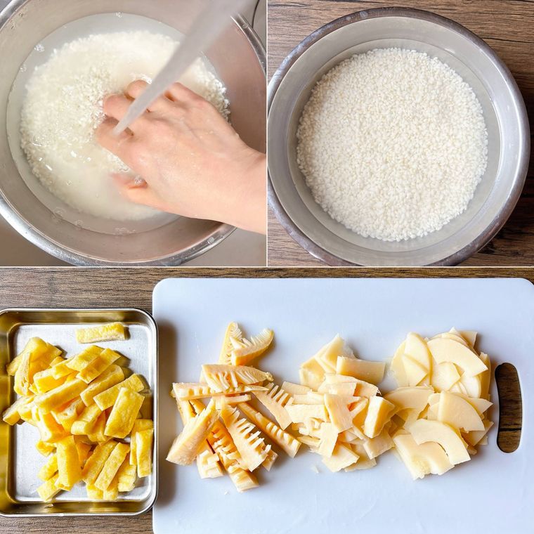 もち米を洗い浸水する様子、油揚げ、たけのこ