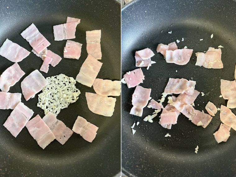 フライパンでにんにくとベーコンを炒める様子