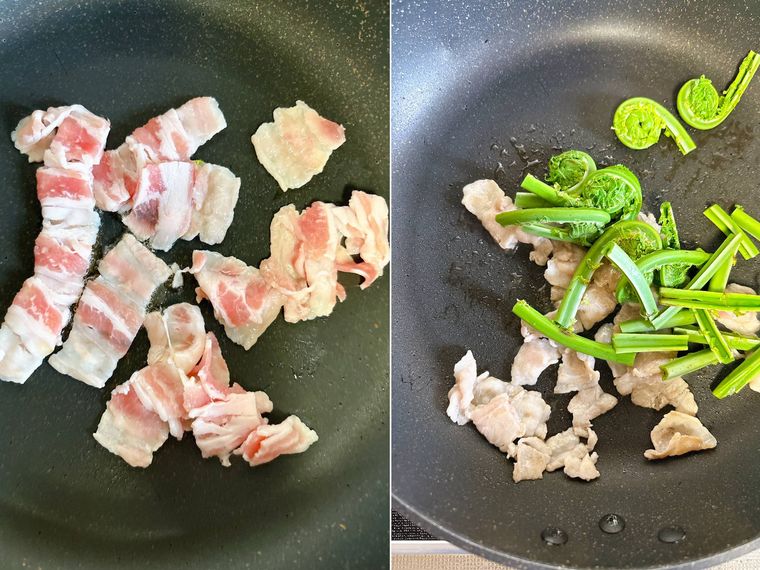 豚バラ肉とこごみを炒める様子