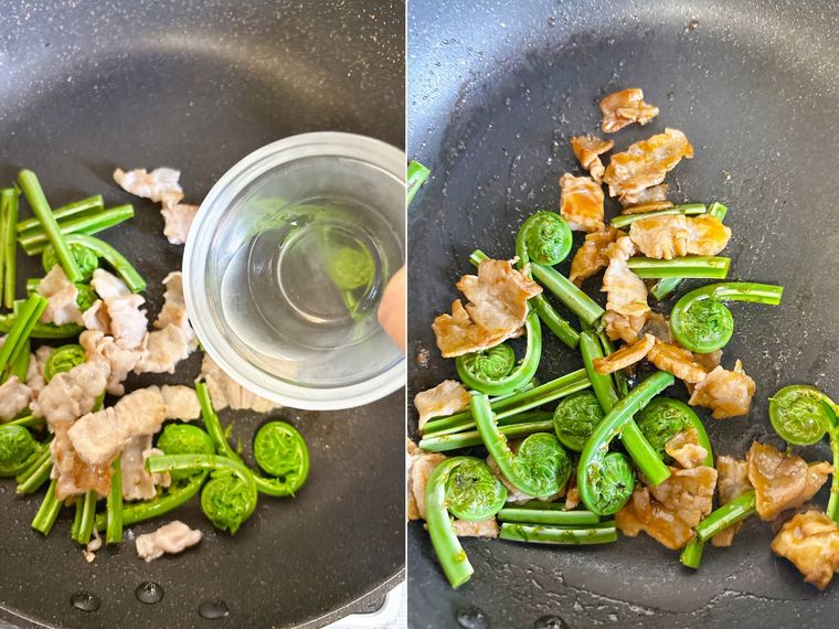 豚バラ肉とこごみに調味料を加え炒めた様子