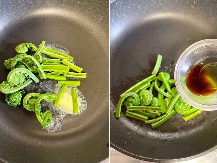 バターでこごみを炒めてしょうゆで味付けする様子