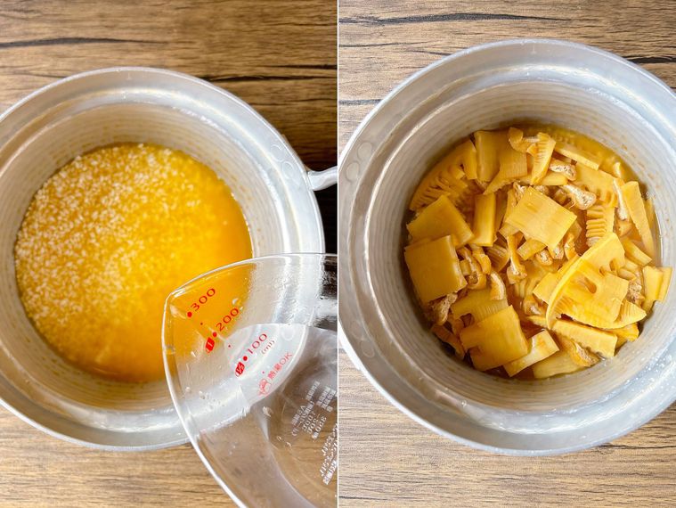 鍋に米と煮汁を入れ、具材をすべてのせた様子