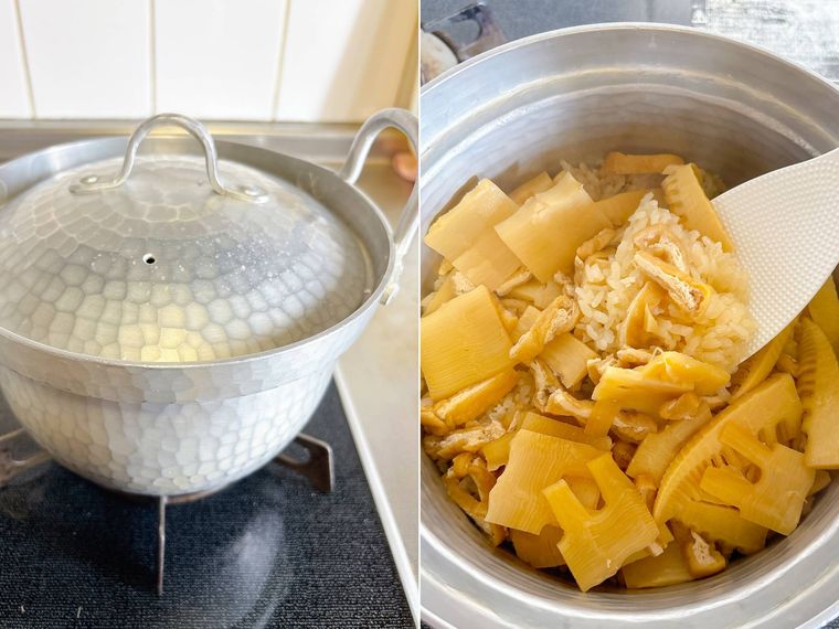 鍋で炊き、しゃもじでたけのこご飯を混ぜる様子