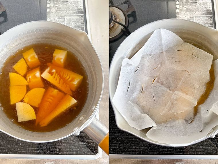 鍋でたけのこを煮る様子