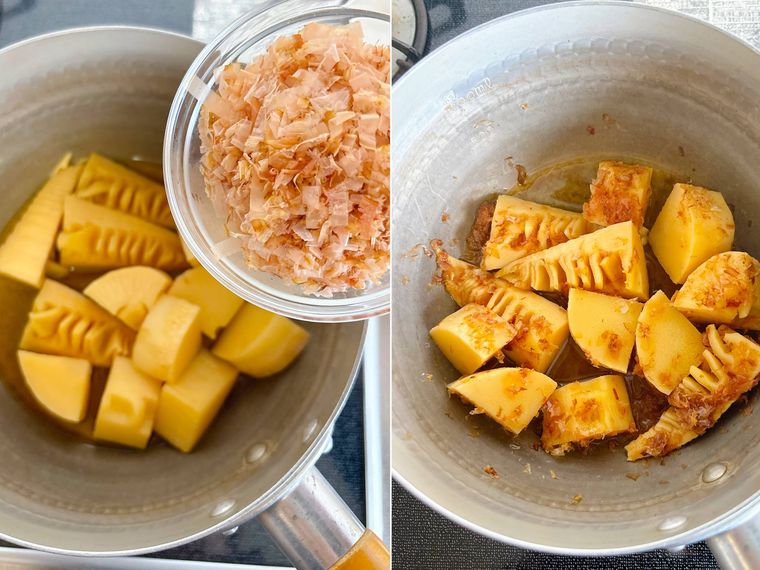 煮たたけのこにかつおぶしをまぶす様子