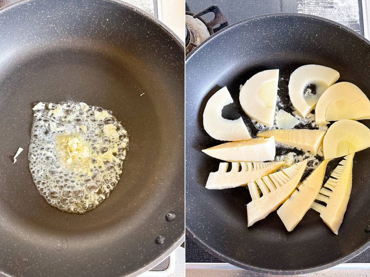 にんにくとバターでたけのこを焼く様子