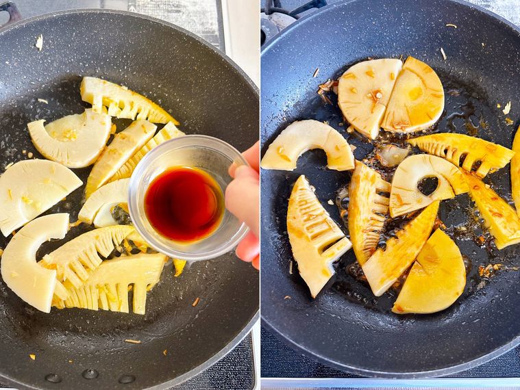 フライパンで焼いたたけのこにしょうゆを加える様子