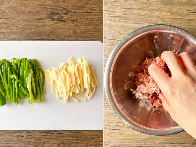 細切りにしたピーマンとたけのこ、酒をもみ込んだ牛肉