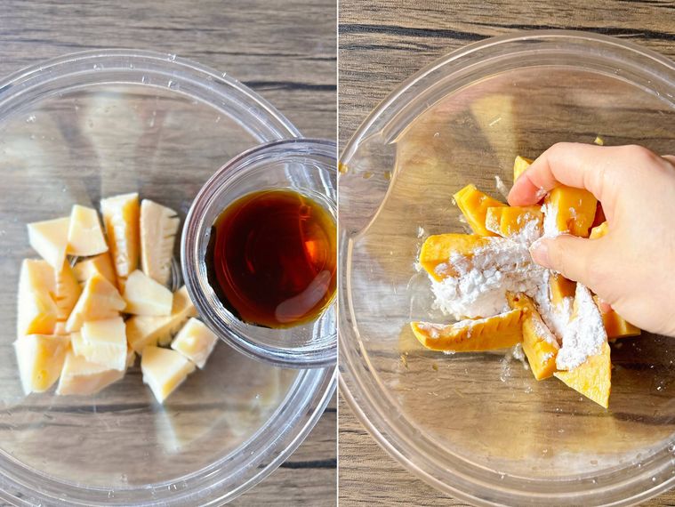 たけのこに調味料をまぶす様子、片栗粉をまぶす様子