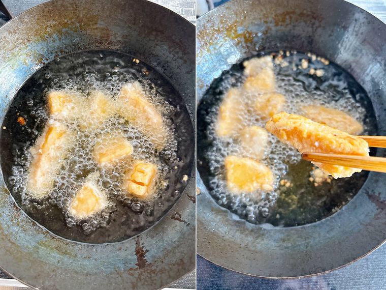 たけのこを油で揚げる様子