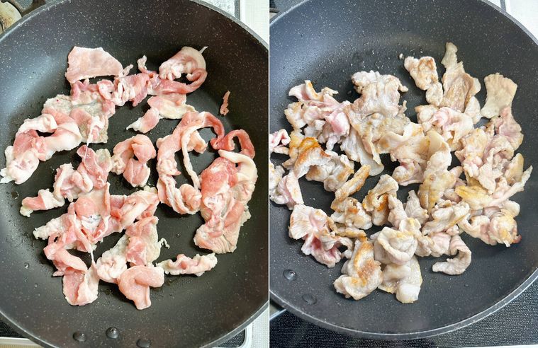豚こま肉をフライパンで炒める様子