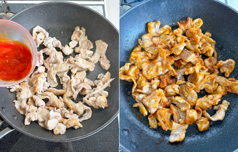 豚こま肉に調味料を入れる様子