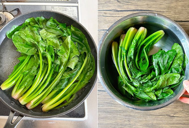 ほうれん草をゆでて水にさらす様子