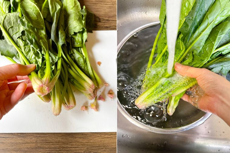 ほうれん草を洗う様子