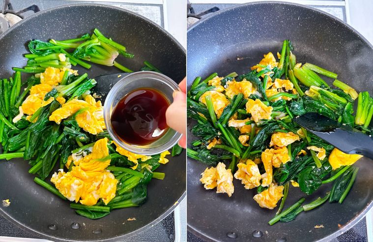 フライパンでほうれん草と卵を炒め、調味料を加える様子