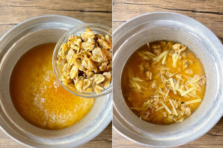 鍋に米、あさり、しょうがをのせたもの