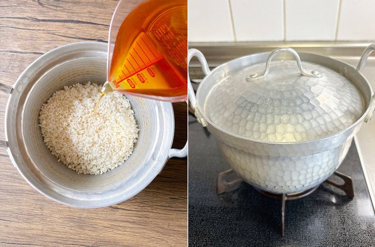 鍋に調味料と水を入れて炊飯する様子