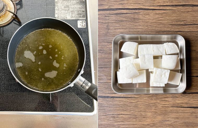 だし汁を火にかけた様子、カットしたはんぺん