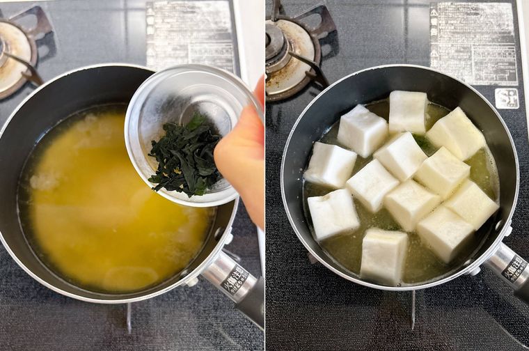 みそ汁に乾燥わかめとはんぺんを加えた様子