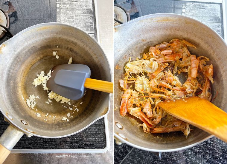 鍋でにんにくを炒めてえびの殻を加えて炒める様子