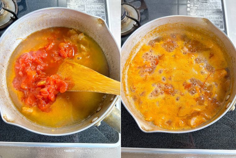 鍋に水とトマト缶を加えて煮る様子
