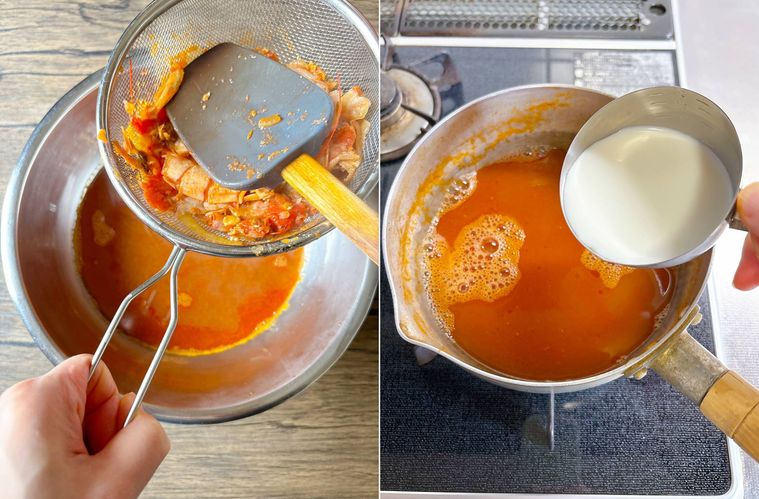 えびの殻の旨みを押し出す様子、スープに牛乳を加える様子
