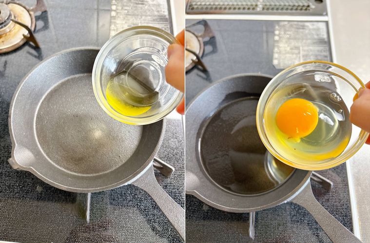 スキレットに油をひき、卵を入れる様子