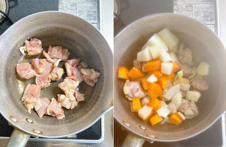 鶏もも肉、玉ねぎ、にんじんを炒める様子