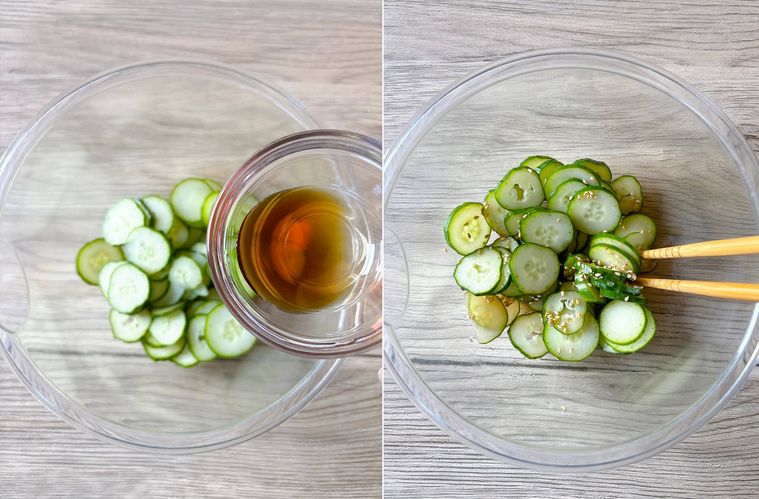 輪切りきゅうりにめんつゆと白いりごまを混ぜる様子