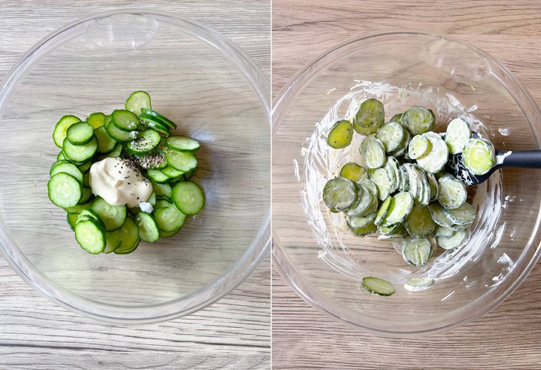 ボウルにきゅうりとマヨネーズと塩、粗挽き黒こしょうを和える様子