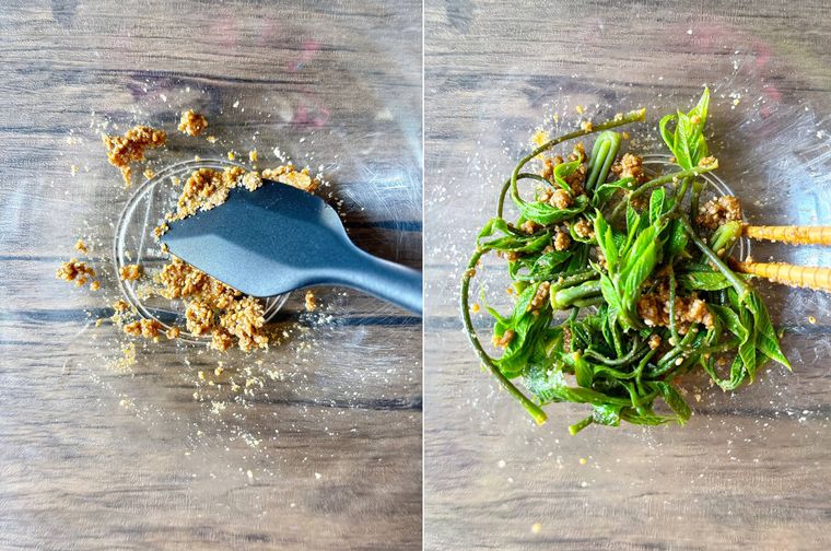 コシアブラに和え衣と和える様子