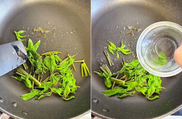 コシアブラを炒めて味付けする様子