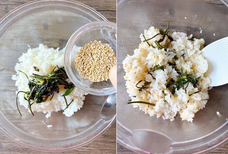 ごはんにコシアブラの炒め物と白いりごまを混ぜる様子