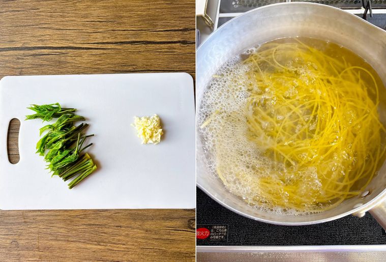 カットしたにんにく、コシアブラ、スパゲッティをゆでる様子