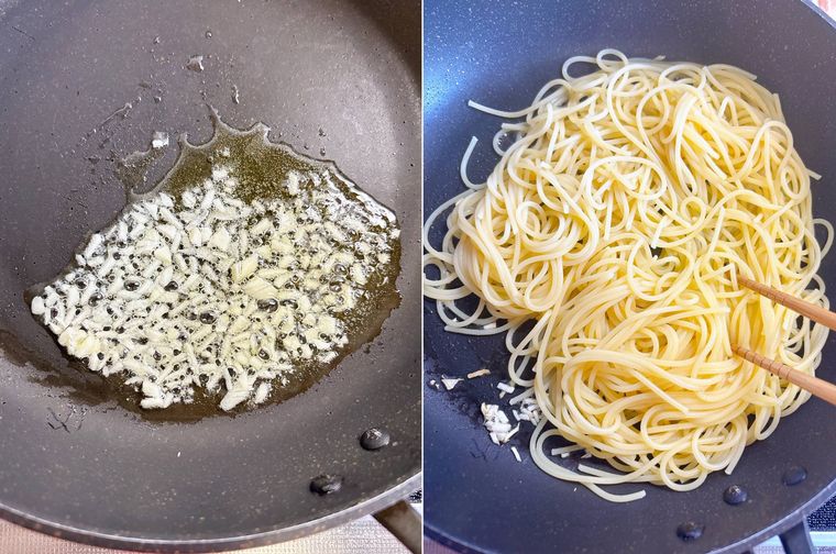 フライパンにオリーブオイルとにんにくを入れて温め、スパゲッティを加えた様子