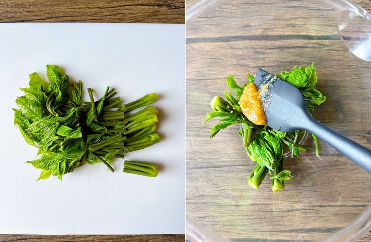 カットしたコシアブラをみそだれと和える様子