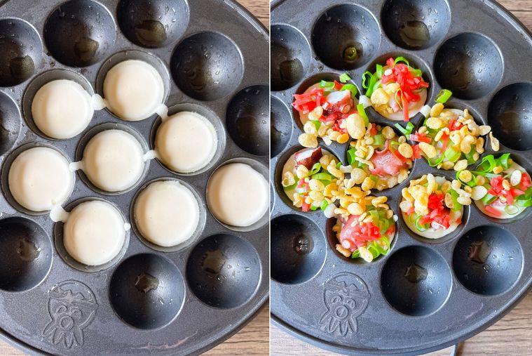たこ焼き器に生地を入れ、具材を入れた様子