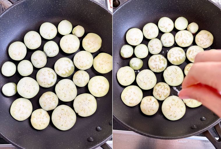フライパンでなすを焼く様子