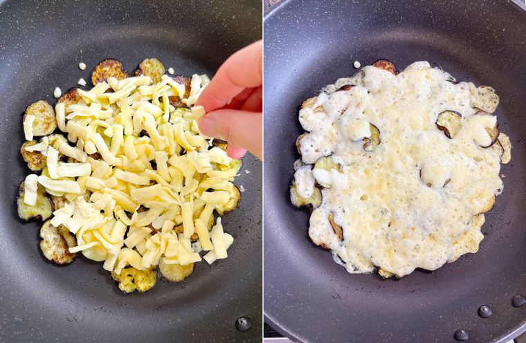 なすにチーズをのせて焼く様子